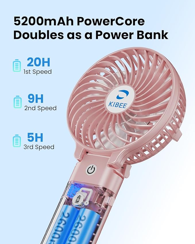 KIBEE Portable Handheld Fan - 5200mAh USB Rechargeable [20H Max Runtime] with Power Bank, Foldable 180° Mini Personal Fan, 3-Speed with Stand for Travel/Outdoor/Makeup/Concerts (Pink)
