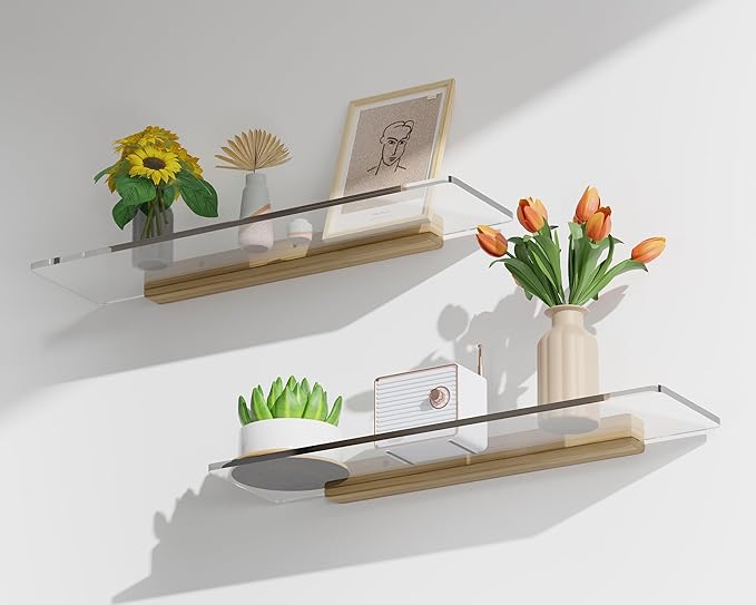 Acrylic Floating Shelves with Solid Wood Base, Wall Mounted Shelf for Plants, Perfume, Nail Polish, Bathroom, Bedroom & Living Room Décor