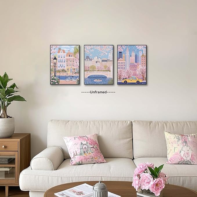 XLARTMY Watercolor City Landscape Travel Wall Art Canvas Framed Pink Cherry Flower Poster Girly Prints Painting Pictures Set of 3 for Bedroom Living Room Office 12x16in Unframed