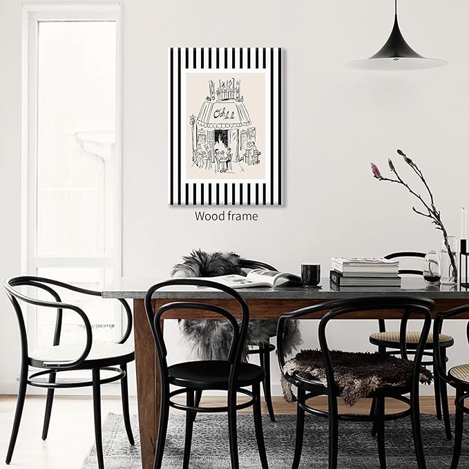 Black and White Stripe Sketch Wall Art French Paris Cafe Aesthetic Poster Funky Minimalist Canvas Prints 08x10 inch Framed for Kitchen Coffee Bedroom Wall Decor