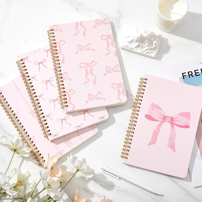 8 Pack Pink Bow Spiral Notebooks, Cute Coquette Preppy Journal A5 Aesthetic Notebook Christmas Gifts for Women, Ruled Bowknot Coquette Stuff Pink Bow Bible Journal 5.5 x 8.3 Inch