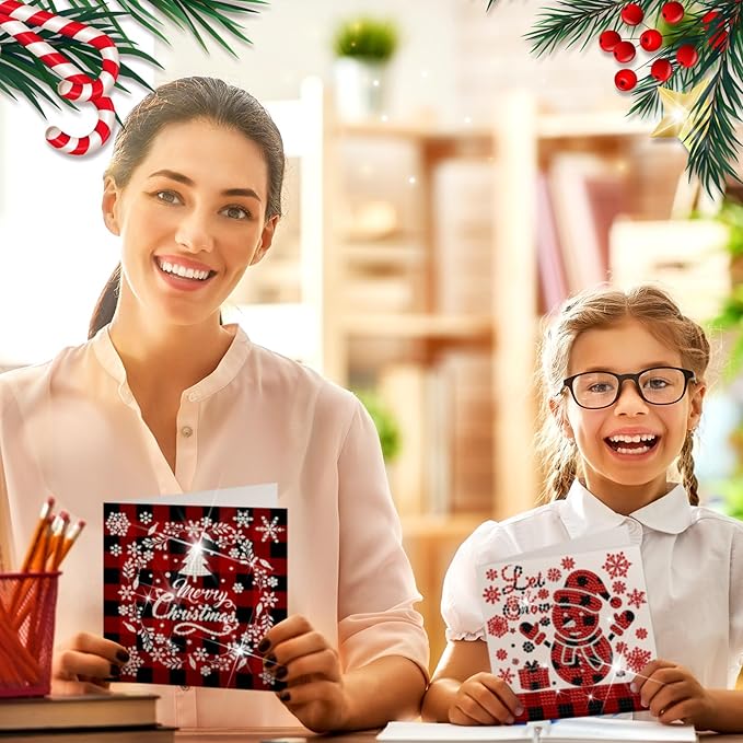 Saillong 12 Pack Christmas Diamond Painting Greeting Card Kits DIY Red Plaid Christmas Diamond Art Cards with Envelopes Xmas 5D Rhinestones Painting for Adults DIY Craft Family Friend Xmas Gifts