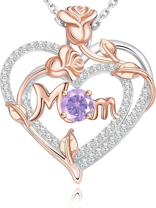 Mothers Day Gifts for Mom - Rose Heart Necklaces for Women, 925 Sterling Silver Birthstone Jewelry to My Wife Necklace, Birthday Gifts for Mother Grandma Girlfriend Her