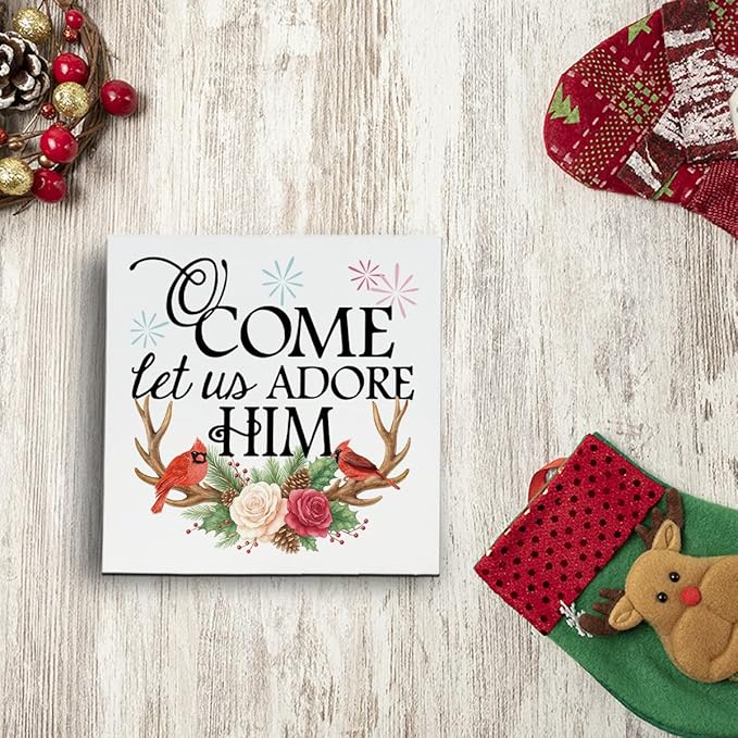 Christmas Wooden Desk Decor, Come Let Us Adore Him Wooden Box Sign, Cardinal Birds and Floral Antler Design, Christmas Home Plaque for Living Room Bedroom Decor 5x5 Inches