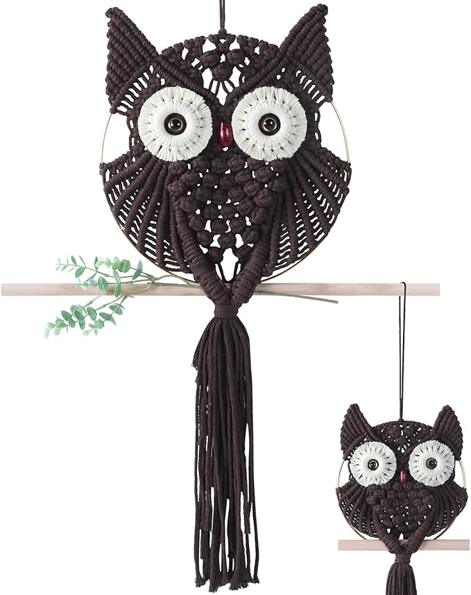 MVSUTA Owl Chocolate Cotton Handmade Macrame Wall Hanging Tapestry Home Decor Art and Bronze Craft Wonderful Decoration Woven Boho Ornament for Office Bedroom Apartment Living Room Nursery