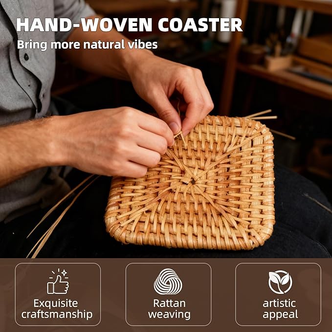 Handmade Rattan Coasters Set of 6 with Holder - Woven Aesthetic Drink Coasters for Table & Desk, Natural Boho Farmhouse Rustic Coffee Cup Pads, Home Bar Patio Table Outdoor Decor (Square)