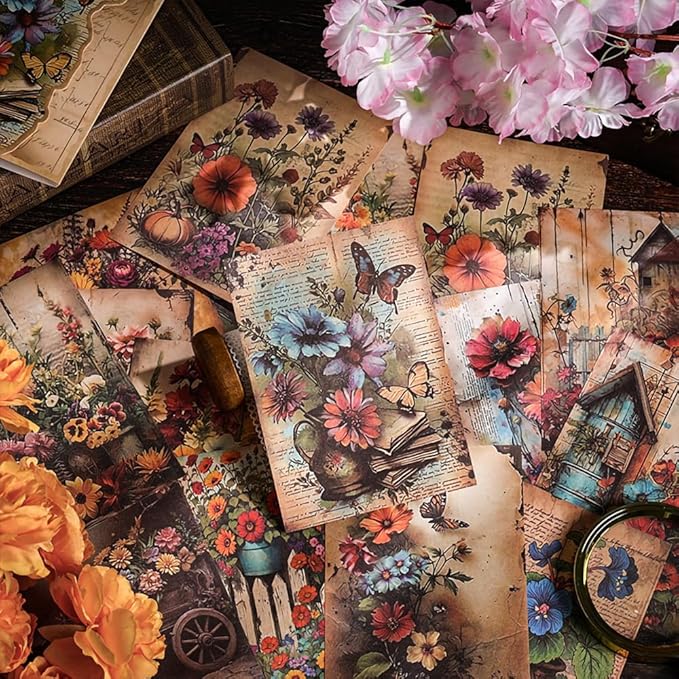 Vintage Old Looking Garden Flower Scrapbook Paper - 180 Sheets Cottagecore Floral Botanical Journaling Scrapbook Supplies Craft Paper Ephemera for Letter Writing,Poster,Planners
