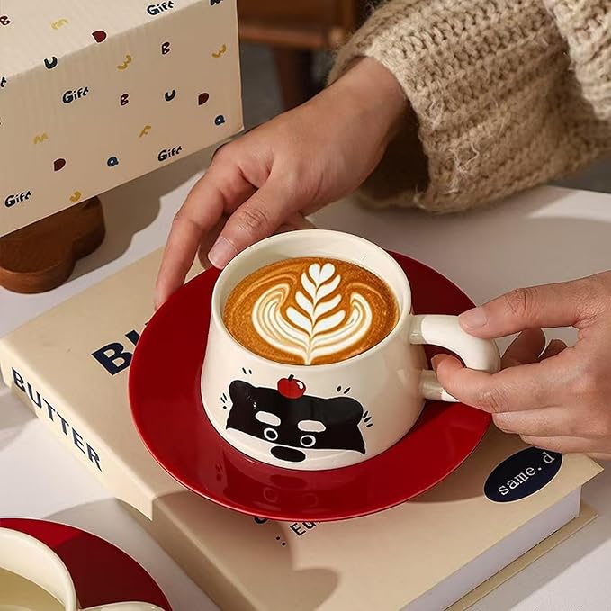 Cute Dog Couple Cup with Thick Grip, Ceramic Coffee Mug with Spoon, Gifts Suitable for Birthdays, Christmas, Halloween and Family Gatherings (No Streaks)