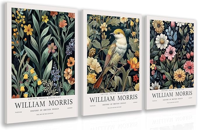 Hianan William Morris Floral Canvas Wall Art, Vintage Botanical Poster Prints, Bright Flower Bird Aesthetic Pictures, William Morris Animal Wall Decor for Living Room Bedroom Framed 12"x16"x3