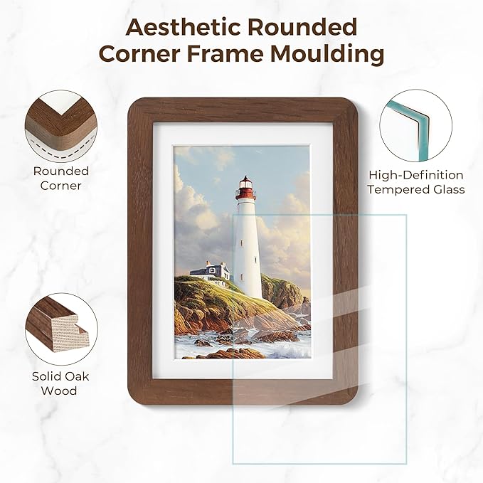 Solid Oak Wood 12x16 Picture Frame, Farmhouse 12 x 16 Wooden Frames, 12x16 Frame Matted to 8.5x11, Tempered Real Glass, 12"x16" Frames Minimalist Art Frame for Home Deocr, Walnut Color, 1 Pack