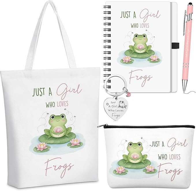 Ceenna 5 Pcs Frog Gifts for Women, Just a Girl Who Loves Frogs Cosmetic Makeup Bag, Canvas Bag, A6 Spiral Notebook Lined Journal, Writing Gel Ink Pen and Funny Keychain for Girl Animal Lovers Gift