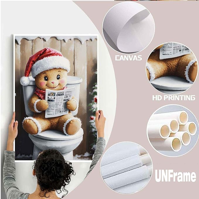 Canvas Wall Art Gingerbread on the Toilet Funny Christmas Poster Bathroom Wall Art Toilet Trendy Christmas Decor 28x40in-UnFramed