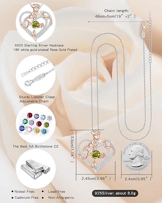 Mothers Day Gifts for Mom - Rose Heart Necklaces for Women, 925 Sterling Silver Birthstone Jewelry to My Wife Necklace, Birthday Gifts for Mother Grandma Girlfriend Her