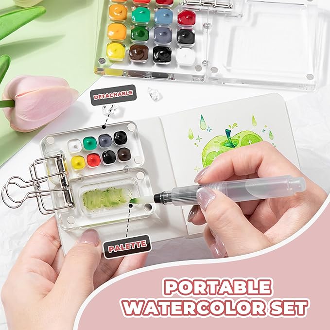 Mini Watercolor Paint Set Portable, Travel Grid Paint Palette Box with Binder Clips Include Paint, Brush*3 and Picture Album Art Materials Coloring Markers (Clear Acrylic-S)