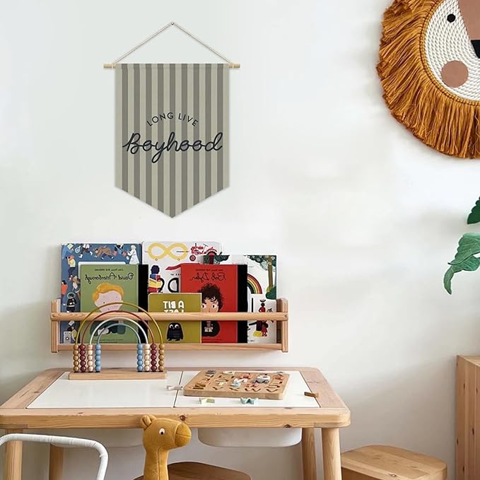 Boys Room Decor, Long Live Boyhood Boy Nursery Linen Canvas Banner, Grey Striped Wall Hanging Pennant Flag Banner for Boys Nursery Kids Toddler Room Bedroom Playroom Decor, 15x11in