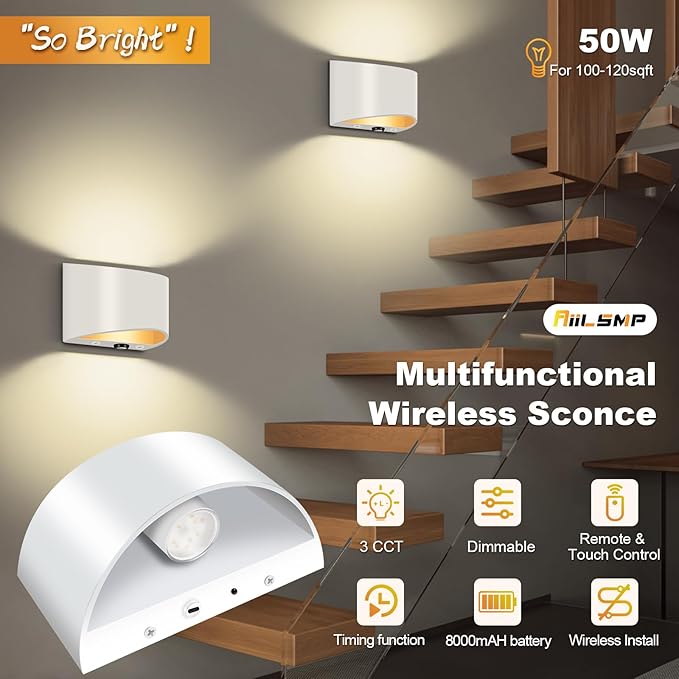 Battery Operated Wall Sconces Set of 2, White Rechargeable Wireless Remote & Touch Control Battery Wall Lights, 3 Color Temperatures, Timer Cordless Dimmable Light for Bedroom, Living Room, Hallway