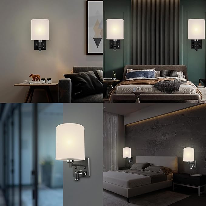LEDMyplace 1-Light LED Wall Sconces, Indoor Sconce Light Fixture for Living Room with USB Ports and Outlet, E26 Base, Iron Body, White Fabric Shade, Brushed Nickel Finish, Wall Lighting for Hallway