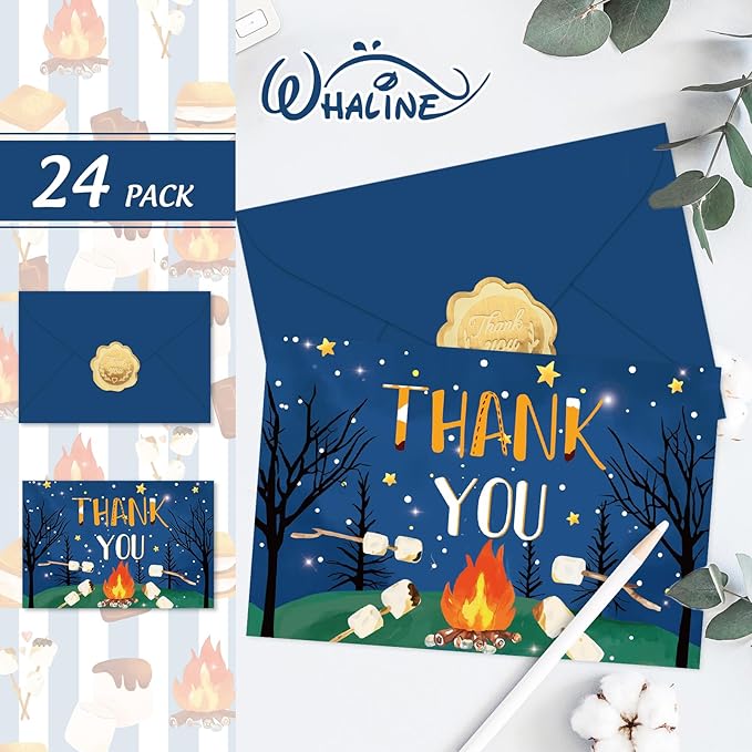Whaline 24 Pack S'more Camping Theme Thank You Cards Greeting Cards with Envelopes Stickers Marshmallow Campfire Blank Note Card for Birthday Baby Shower Camper