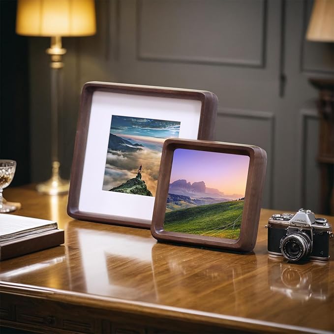 HELPLEX 8x8 Square Picture Frame – 2 Pack Solid Walnut Wood with Real Wood Back & HD Tempered Glass, 6x6 Matted or 8x8 Unmatted, Tabletop or Wall Display – Rustic Home Decor & Gift