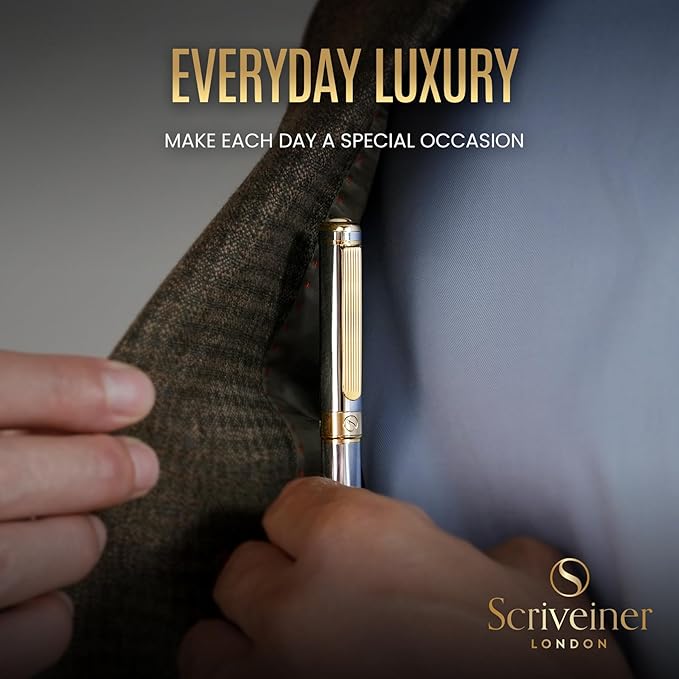 Scriveiner Personalized Silver Chrome Ballpoint Pen - Stunning Luxury Pen, Real Gold Plating, Schmidt Ink Refill, Best Engraved Ball Point Gift Set for Men & Women, Custom Name Engraving
