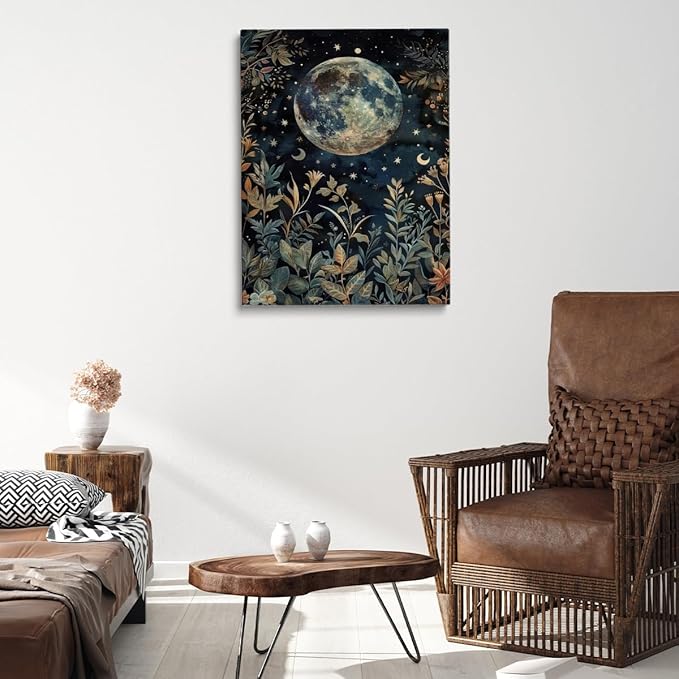 Dark Academic Moon Eclipse Wall Art William Poster Morris Botanical Print Gothic Room Decor Goth Moon and Stars Painting Canvas Vintage Cottagecore Decor for Bedroom Dorm 24x36in Large Frame Wall Art