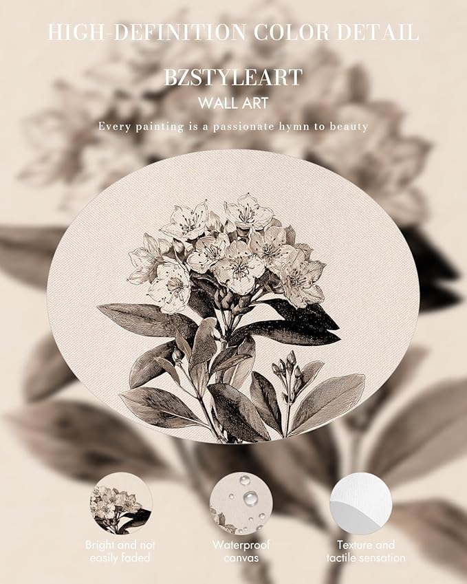 Bzstyleart Vintage Wall Art Decor,Canvas Framed Flower Wall Art,Sketch Painting Picture,Mountain Laurel Vintage Home Decor Aesthetic for Living Room,Bathroom Pictures,12L x 16W