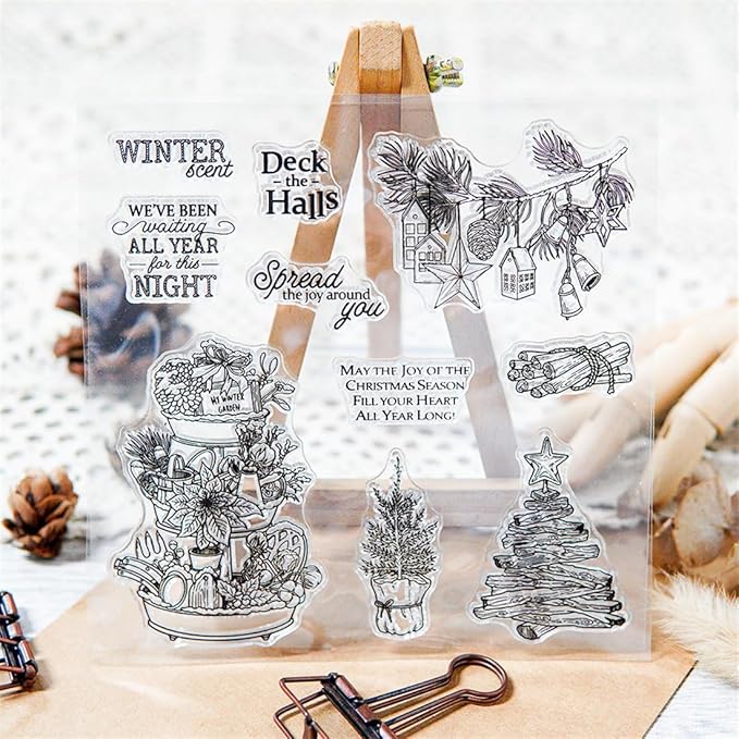 Christmas Platter Wooden Sticks Stamps and Cutting Dies for Card Making DIY Transparent Silicone Clear Stamp and Metal Die Cuts Sets for Scrapbooking Paper Greeting Cards Decor Seals Craft Supplies