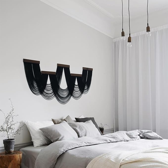 LB Large Macrame Wall Hanging, Black Boho Tapestry Wall Hanging Macrame Wall Art Handmade Yarn Woven Wall Art Modern Home Decor Headboard Wall Decor for Bedroom Living Room Dorm Nursery, 53x28 Inch