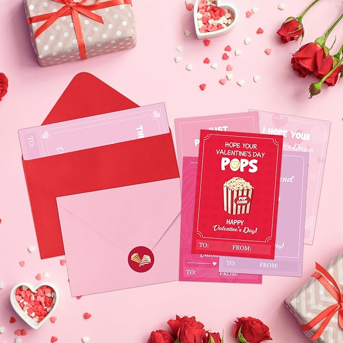 TICIAGA 144pcs Valentine’s Day Popcorn Corn Greeting Cards with Envelop Movie Night and Snack Stickers for Kids Retro Poppin Notecard Exchange Gift for Boys and Girls School Classroom Party Favors