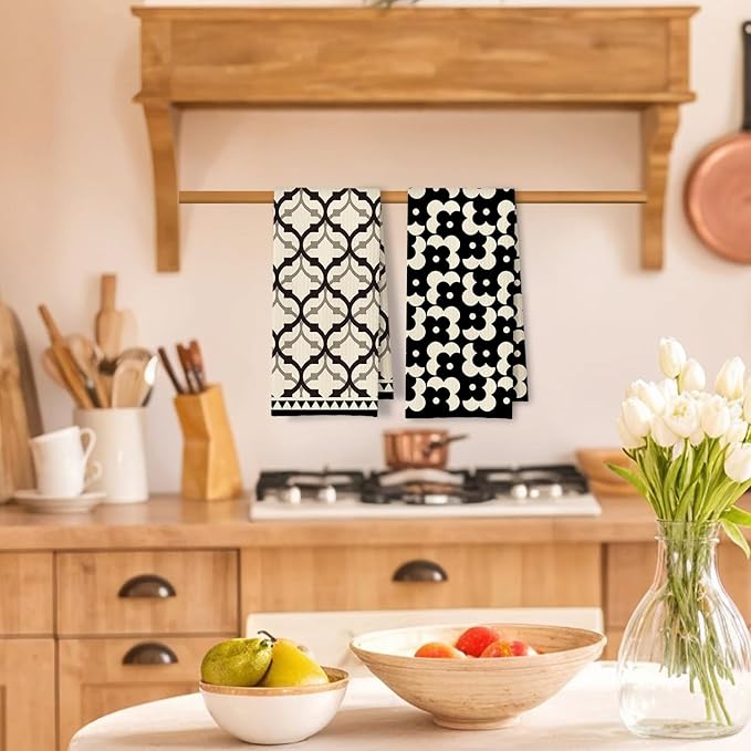 Black Beige Moroccan Kitchen Towels Set of 2, Retro Boho Abstract Dish Tea Towels for Kitchen Decor, Retro Mid Century Modern Hand Towel for Bathroom Decor, 16x24 Inches