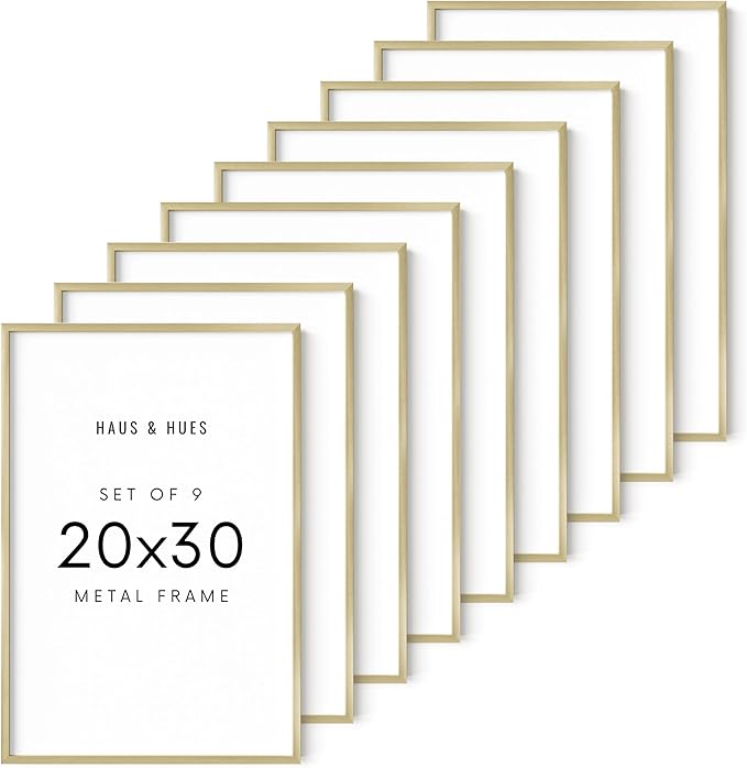 HAUS AND HUES 20x30 Gold Metal Picture Frames - Premium Aluminum with Vertical & Horizontal Hanging, Shatterproof Plexiglass - Perfect for Home, Office (20x30 in, Gold, Set of 9)