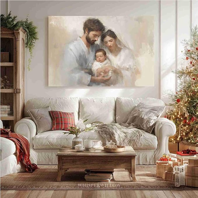 Holy Family Biblical Poster Vintage Christmas Canvas Painting Religious Painting Christian Wall Decor Nativity Scene Print Indoor Decor for Home Church Nursery Offices Living Room Framed Ready to Hang