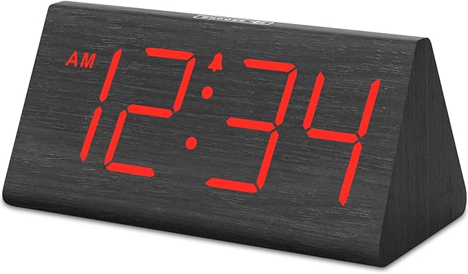 DreamSky Wooden Digital Alarm Clocks for Bedrooms - Electric Desk Clock with Large Red Numbers, USB Port, Battery Backup Alarm, Adjustable Volume, Wood Décor, Dimmer, Snooze, DST (Adapter Powered)