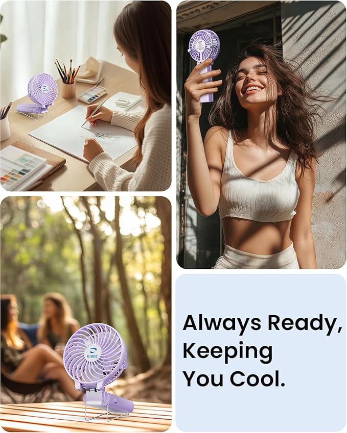 KIBEE Portable Handheld Fan - 5200mAh USB Rechargeable [20H Max Runtime] with Power Bank, Foldable 180° Mini Personal Fan, 3-Speed with Stand for Travel/Outdoor/Makeup/Concerts (Purple)