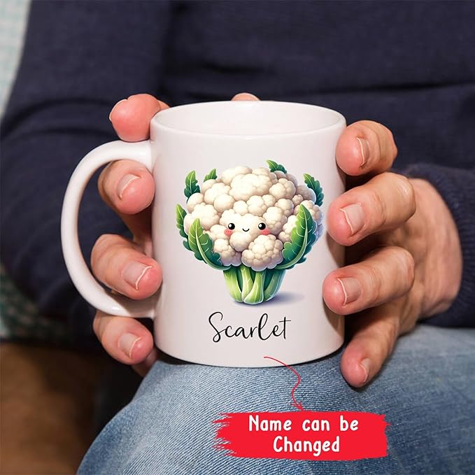 Cauliflower Mug, Personalized Cute Cauliflower Coffee Cup Choose Name, Cauliflower Gift, Custom Vegetable Travel Mugs Gifts For Cauliflower Lovers, Vegan Fans Cups, Cauliflower White Mug 11oz 15oz