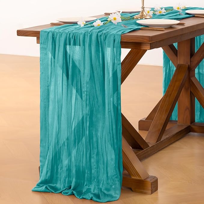 Socomi 3pcs Teal Blue Spring Cheesecloth Table Runner Boho Rustic Gauze 120 inch 10FT Cheese Cloth Runner for Wedding Party Baby Shower Birthday Home Decor