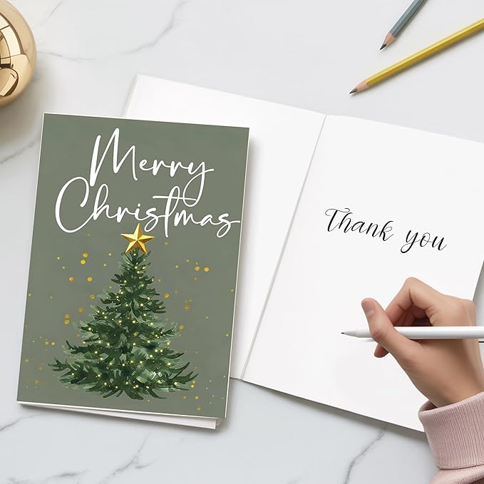 (5.3x8in) Merry Christmas Card with Envelope, Elegant Minimalist Holiday Tree Design with Golden Star, Simple Classic Christmas Greeting Card for Family, Friends, and Coworkers (Xmas 26)
