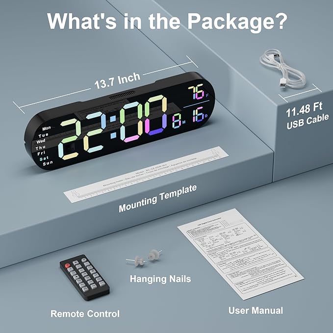 Digital Wall Clock with 13.7-Inch Display, Wall Clock with 9-Color Backlight, Remote Control, Dual Alarms, DST Mode, and Indoor Temperature, Modern Digital Clock