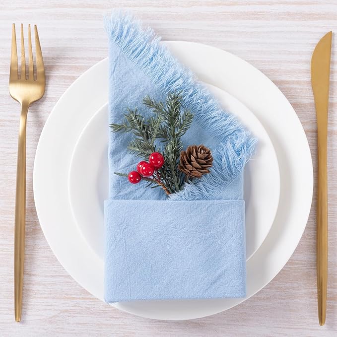 12 Pack Baby Blue Cotton Linen Napkins with Fringe Spring Cloth Napkins Set of 12 Boho Handmade Dinner Napkins Bulk for Wedding Bridal Baby Shower Valentine's Day, 17 x 17 Inches