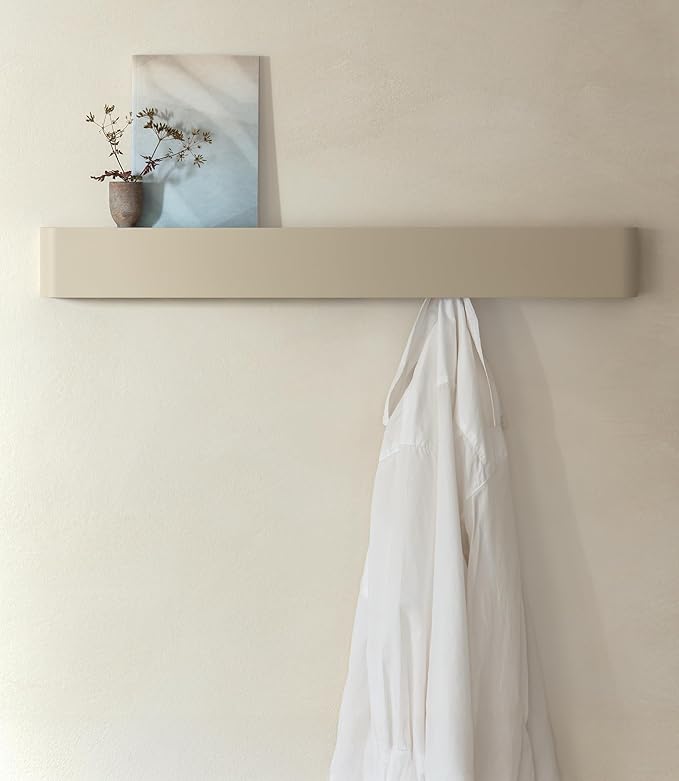 Kazai.®️ Coat Rack Wall Mount with Shelf 'Tone' | Modern Design Coat Hanger with Hidden Hooks and Storage | Hat Rack with Shelf in Metal | Wall-Mounted Purse Organizer | Taupe
