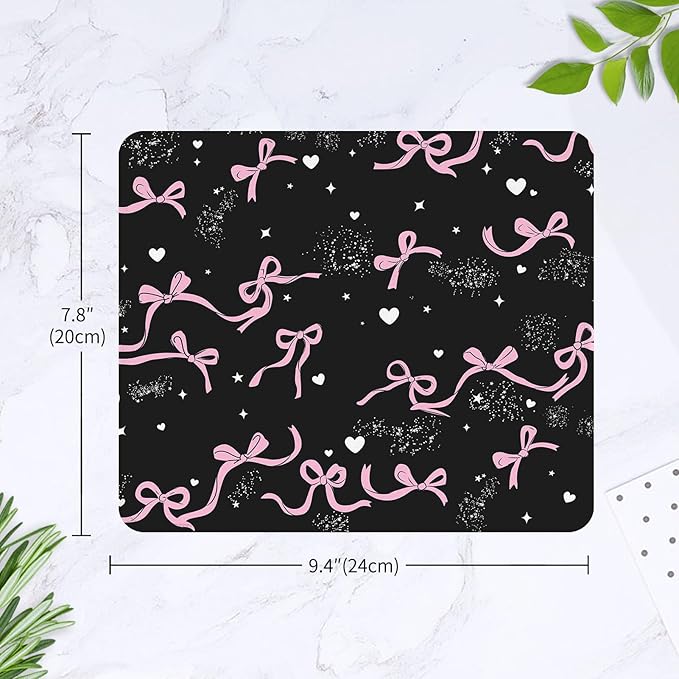 Seorsok Square Aesthetic Ribbon Bows&Shining Stars and Love Mouse Mat,Premium Textured Mouse Pads for Office Laptop,Washable Square Mousepads with Extended Stitched Edges Non Slip Rubber Base,Black