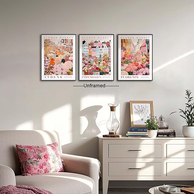XLARTMY Flower Market Wall Art Prints Canvas Pink Floral Paintings Colorful Botanical Sunflower Artwork Travel Posters for Home Decor Pictures Set of 3 for Living Room Bedroom 12x16in Unframed