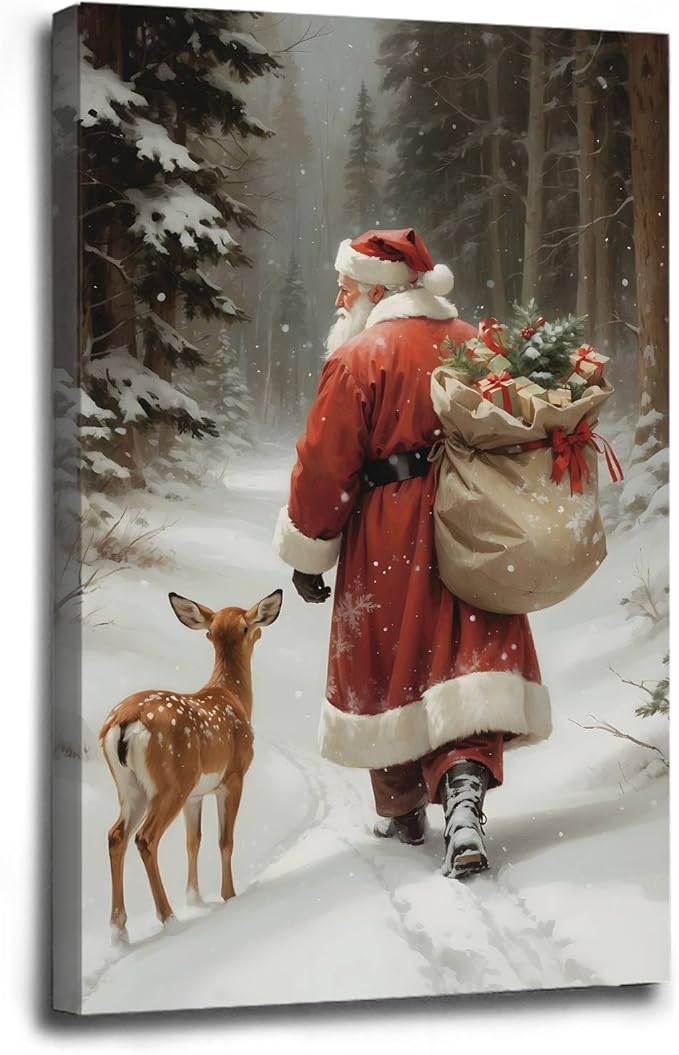 Framed Canvas Wall Art Vintage Santa Claus Print Christmas Wall Art Reindeer Painting Christmas Holiday Decor Winter Forest Painting 16x24in Wood Framed