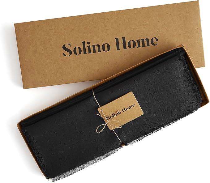 Solino Home Linen Black Placemats Set of 4 - 100% Pure Linen Placemats 14 x 19 Inch for Spring - Fringe