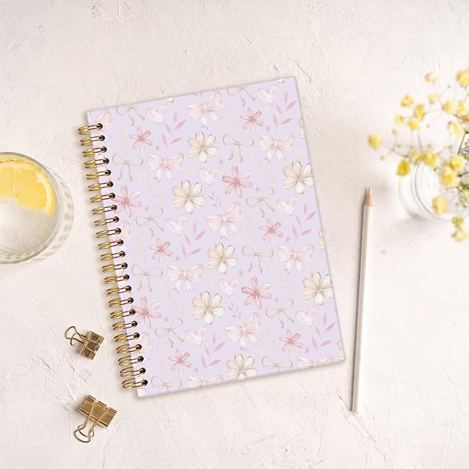 MOFUYU Cute Preppy Purple Bow Notebook Journals Diary,Preppy Cute Purple School Supplies for Teen Girls Women,Floral Hardcover Spiral Notebook A5