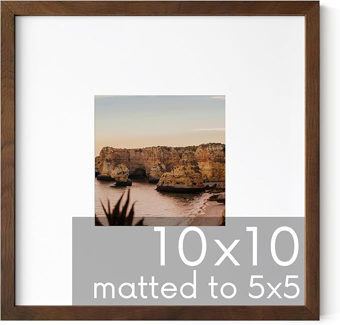 HAUS AND HUES Walnut Oak Wood 10x10 Picture Frame Matted to 5x5 - Square Frame with Plexiglass, Modern Wall Display (10x10 in, Walnut, Set of 1)
