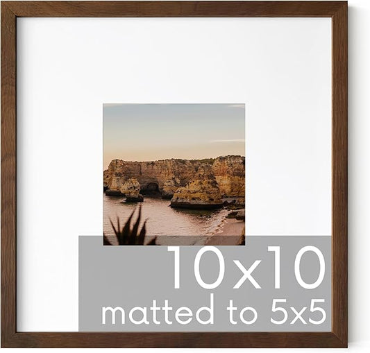 HAUS AND HUES Walnut Oak Wood 10x10 Picture Frame Matted to 5x5 - Square Frame with Plexiglass, Modern Wall Display (10x10 in, Walnut, Set of 1)