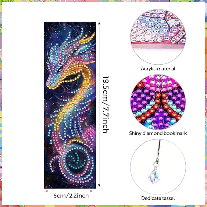 5D DIY Diamond Art Bookmarks Kit Dragon 6 PCS Acrylic Diamond Painting Bookmarks Kits with Tassels Double Side, Rhinestone Crafts Decoration Gift Set for Book Lovers Beginners & Adults (Partial Drill)