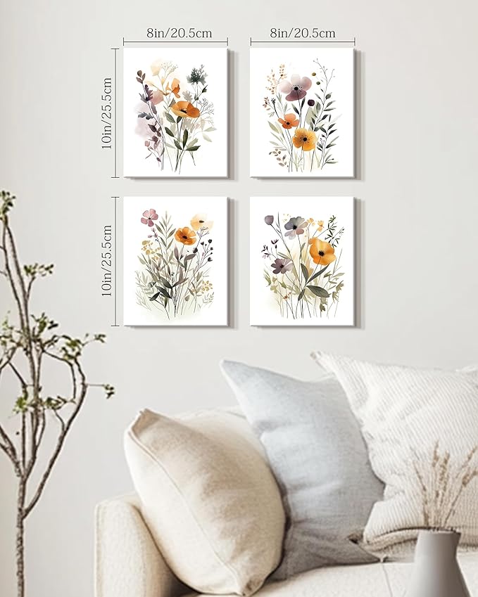 Drsoum Wildflower Bouquet Boho Framed Wall Art Wooded Minimalist Aesthetic Botanical Flower Prints Modern Plants Bathroom Kitchen Home Decor Ready to Hang 8x10inx4pcs (Framed)