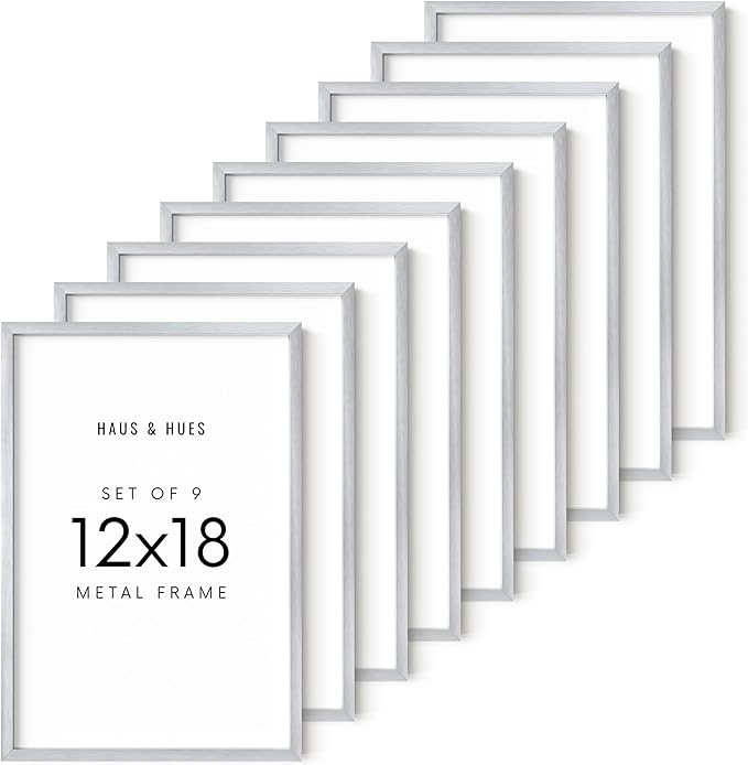 HAUS AND HUES 12x18 Silver Metal Picture Frames - Premium Aluminum with Vertical & Horizontal Hanging, Shatterproof Plexiglass - Perfect for Home or Office (12x18 in, Silver, Set of 9)